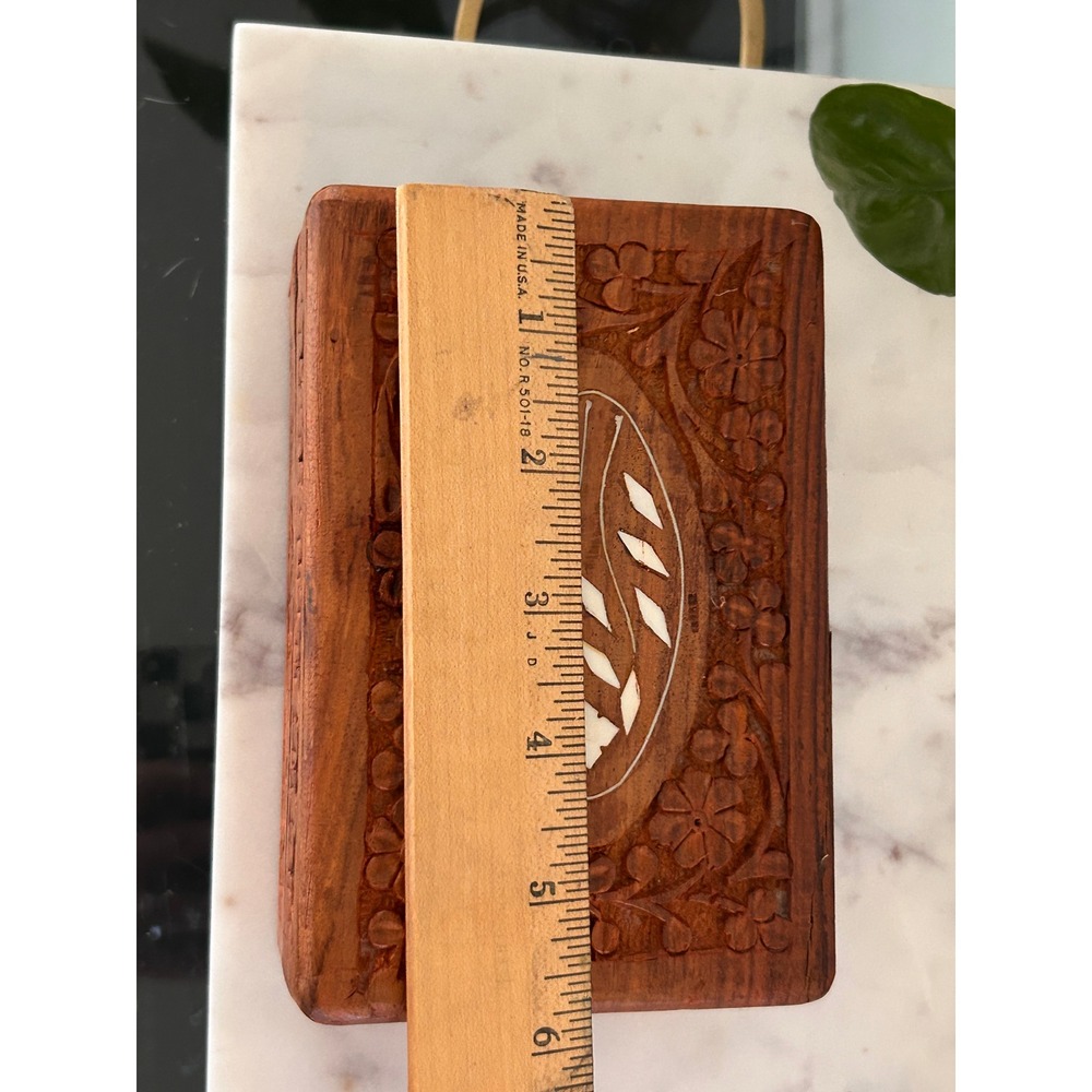 Vintage Hand Carved Floral Wood Jewelry Box Shell Inlay Blue Velvet Lined - Picture 14 of 16